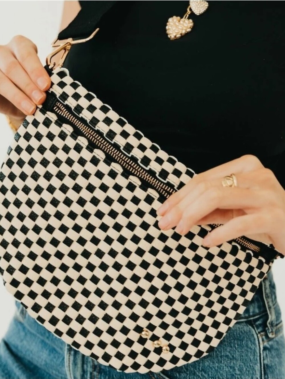 Pretty Simple Westlyn Black Checkered Woven Bum Bag, NWT